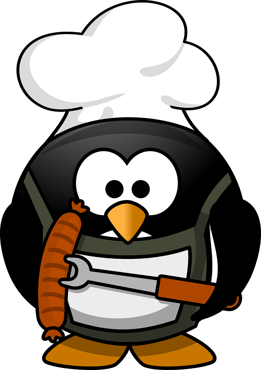 pinguin mit kochmuetze und grillwurst