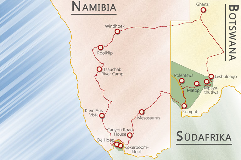 Reiseroute Namibia, Botswana, Südafrika