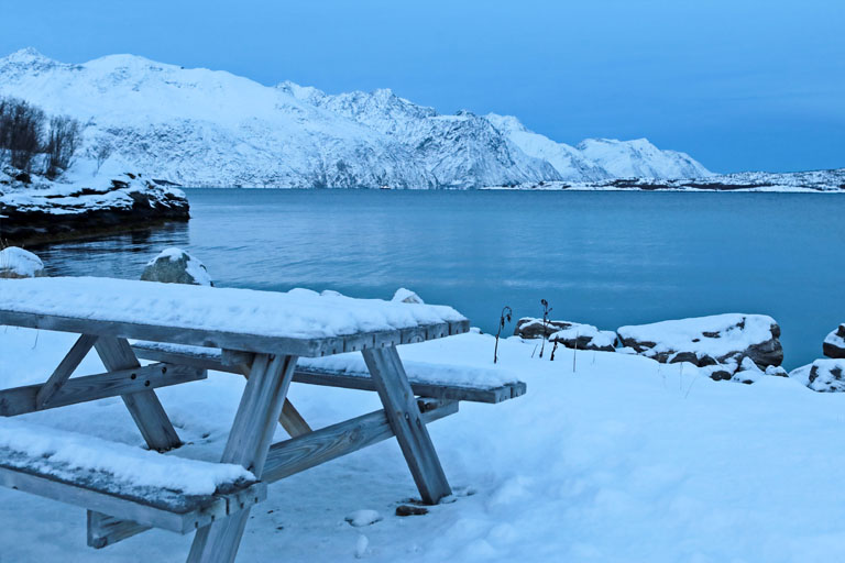 verschneite landschaft am lyngen fjord, norwegen, dezember 2023