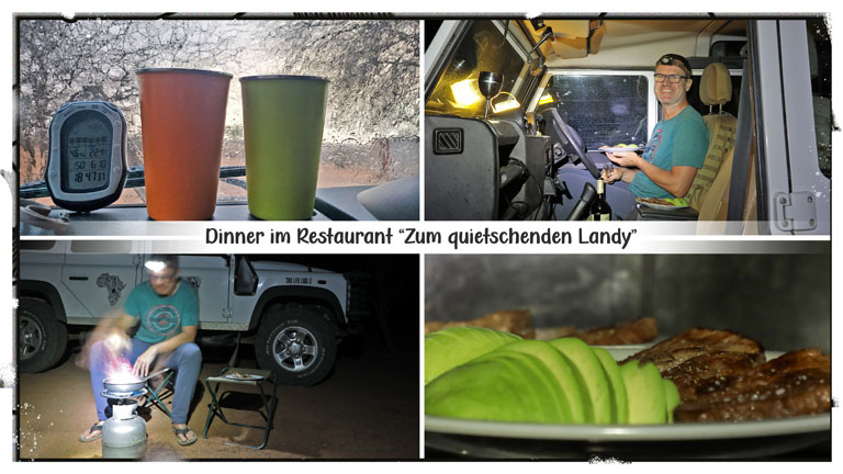 dinner im quietschenden landy auf der jansen farm in der kalahari, namibia, oktober 2024