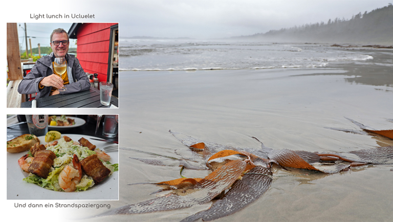 treibholz am strand, lunch in ucluelet, am strand des greenpoint campground, vancouver island, kanada, september 2025