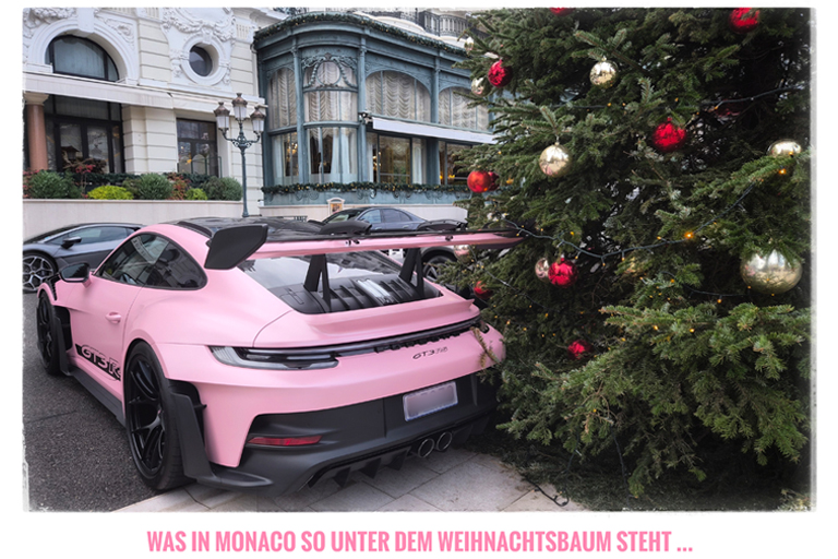 rosa porsche unterm weihnachtsbaum in monaco, dezember 2025